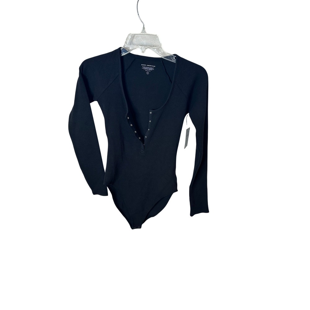 GOOD AMERICAN Black Ribbed Long Sleeve Henley Bodysuit Size 2‎